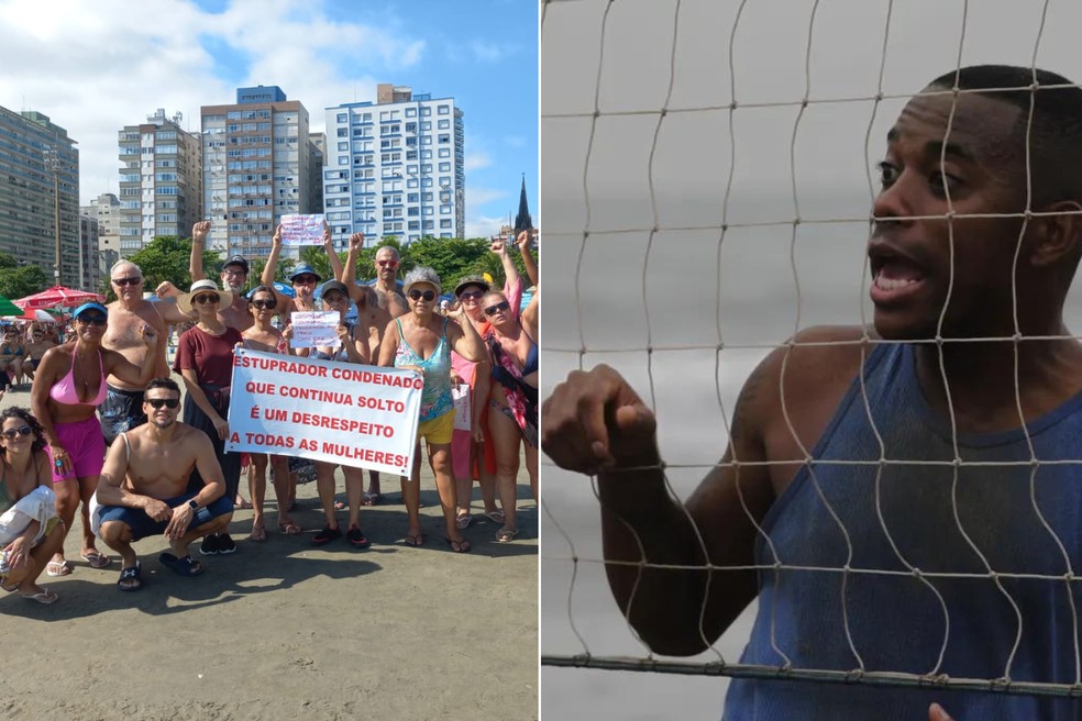 Manifestantes pedem prisão de Robinho em praia onde ex-atleta joga futevôlei no litoral de SP